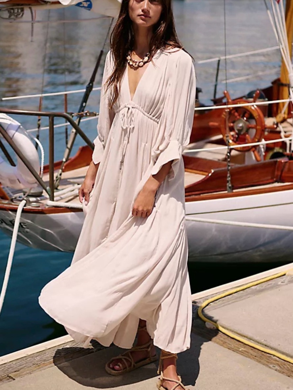 Free People Cream V-Neck Tie-Waist Maxi Dress